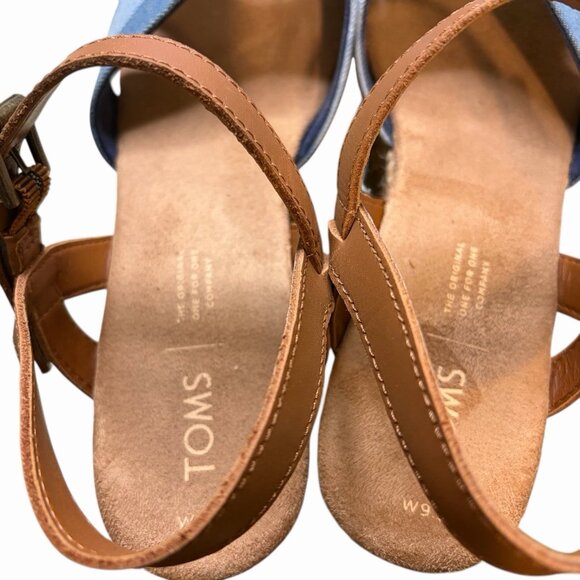 Toms Sandals Size 9.5 Willow Platform Wedge Blue Denim Tan Leather Espadrille - Picture 8 of 8